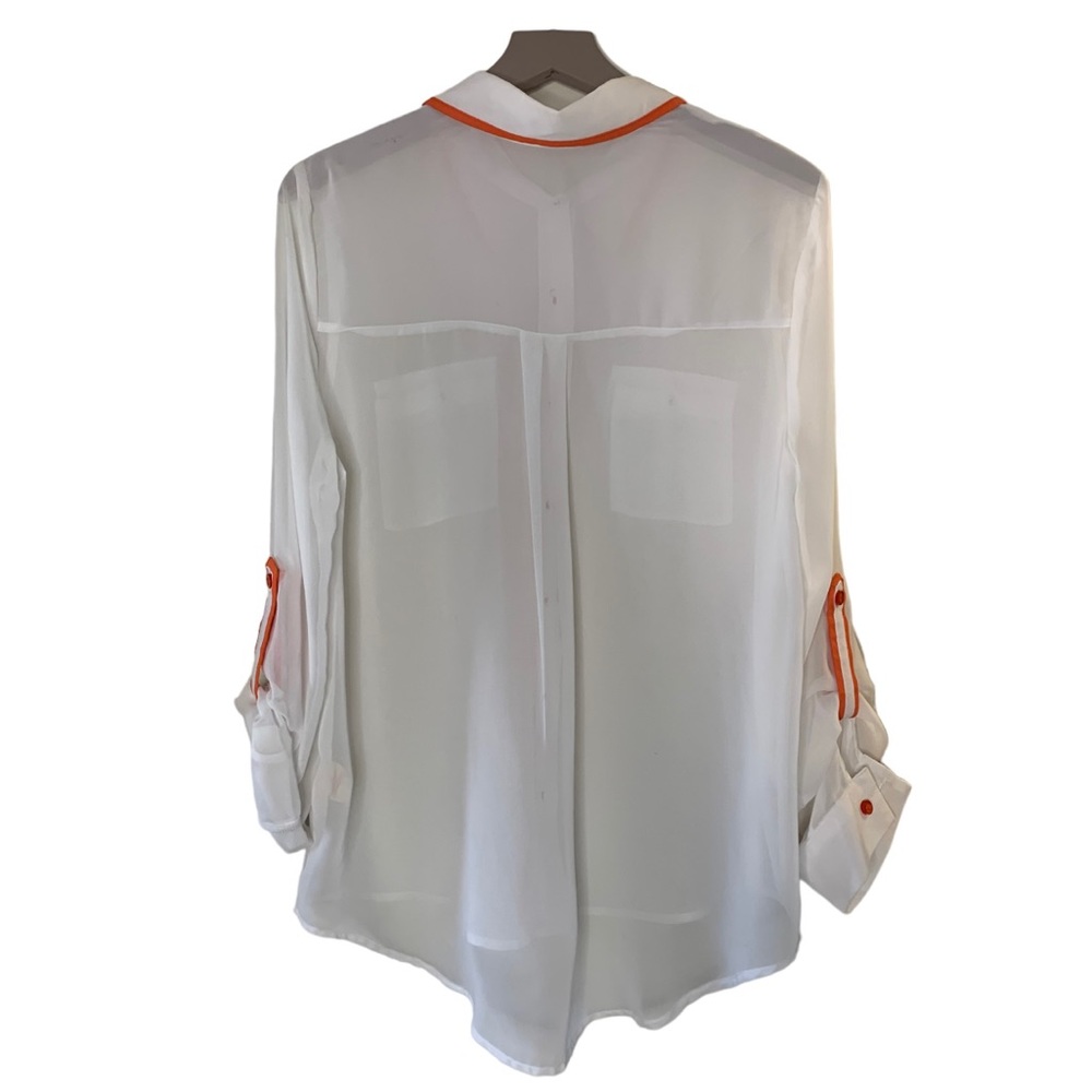 Sheer White/Orange Details long Sleeve/Roll up 3 Quarter Button Down Blouse - Picture 2 of 2